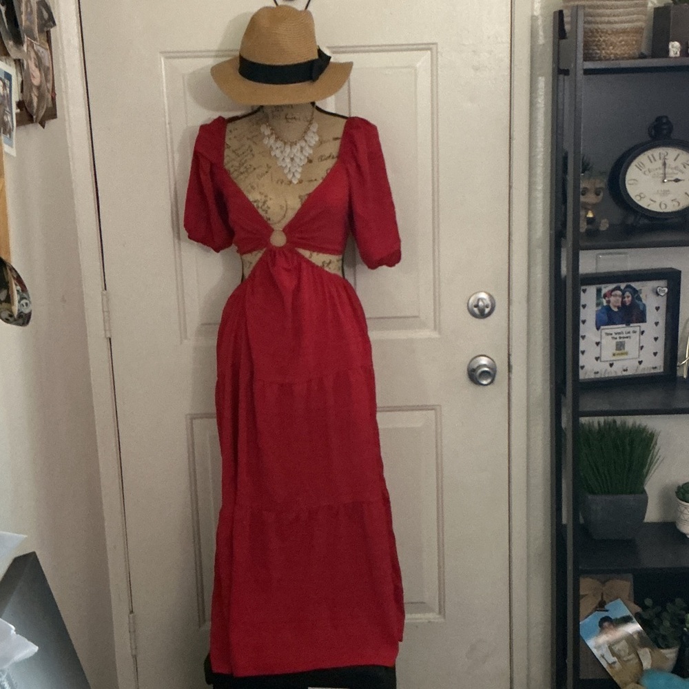 Red Cutout Maxi Dress with Ring Front